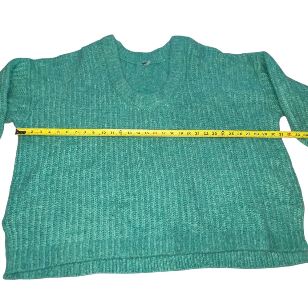 Free People Women's Knit Sweater Blue Bell V Neck Teal Large Oversized Chunky - Picture 5 of 7